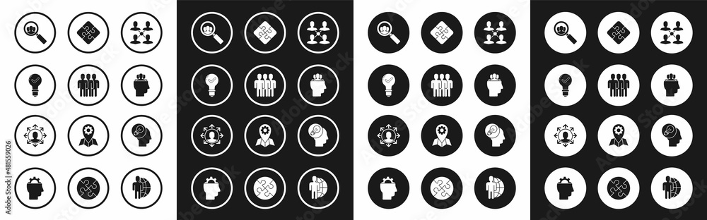 Set Project team base, Users group, Light bulb and check mark, Magnifying glass for search people, Piece of puzzle, Human head with lamp and icon. Vector Set Project team base, Users group, Light bulb and check mark, Magnifying glass for search people, Piece of puzzle, Human head with lamp and icon. Vector