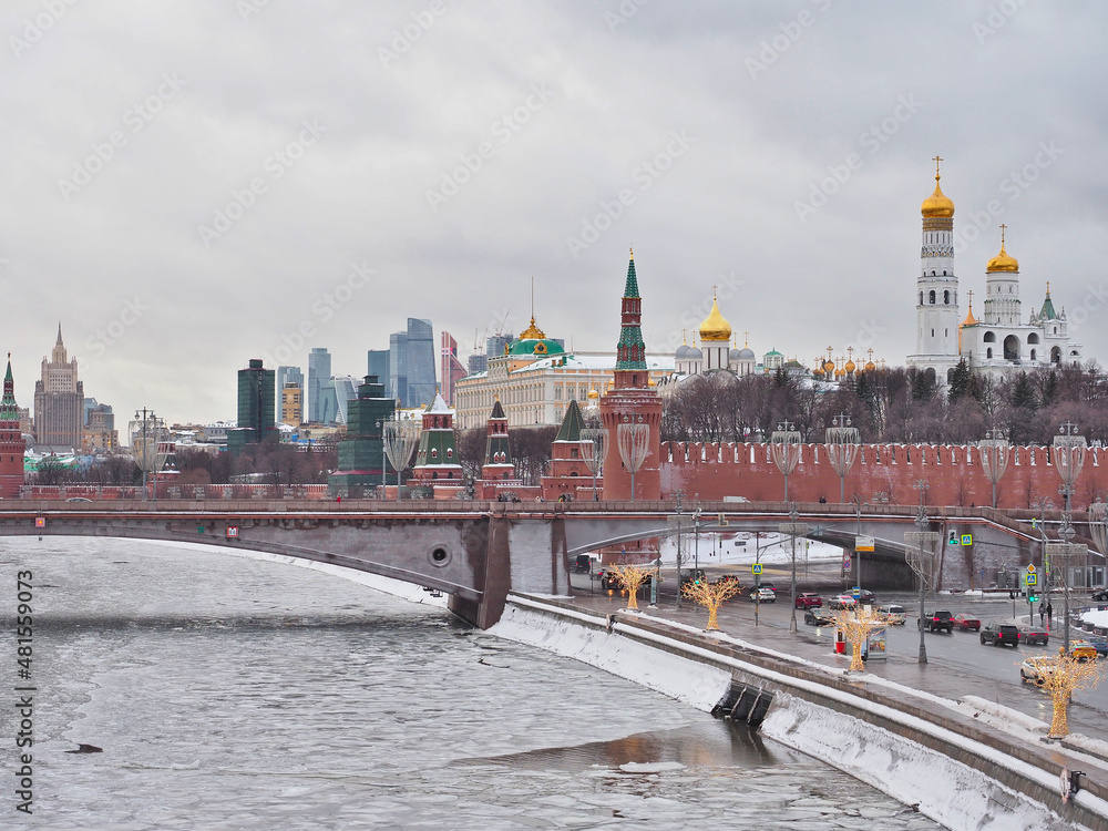 Kremlin and Moscow-City view in winter 2022