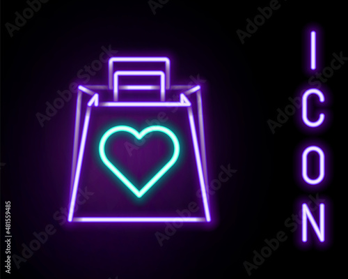 Glowing neon line Shopping bag with heart icon isolated on black background. Shopping bag shop love like heart icon. Valentines day symbol. Colorful outline concept. Vector