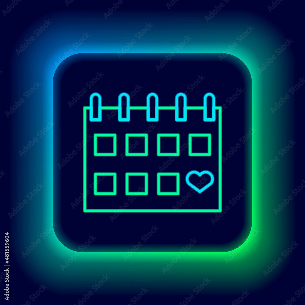 Glowing neon line Calendar with heart icon isolated on black background. Valentines day. Love symbol. February 14. Colorful outline concept. Vector Glowing neon line Calendar with heart icon isolated on black background. Valentines day. Love symbol. February 14. Colorful outline concept. Vector
