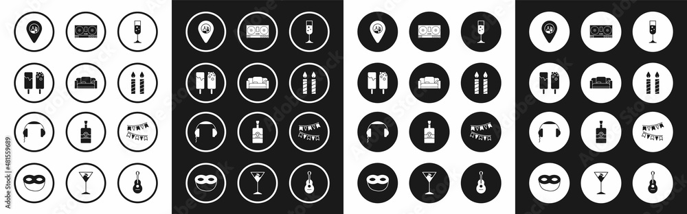 Set Glass of champagne, Sofa, Ice cream, Alcohol or beer bar location, Birthday cake candles, DJ remote for playing mixing music, Carnival garland with flags and Headphones icon. Vector