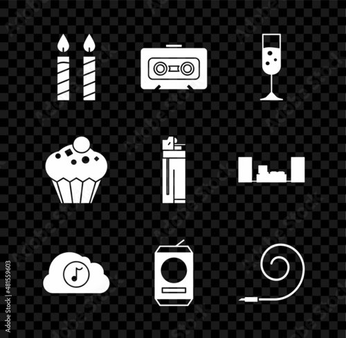Set Birthday cake candles, Retro audio cassette tape, Glass of champagne, Music streaming service, Beer, party horn, Muffin and Lighter icon. Vector