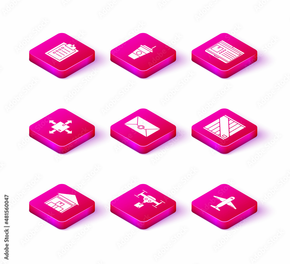 Set Warehouse, Delivery drone with the package, Cardboard box traffic symbol, Envelope, Plane, Wooden, Laptop app delivery tracking and Coffee cup icon. Vector Set Warehouse, Delivery drone with the package, Cardboard box traffic symbol, Envelope, Plane, Wooden, Laptop app delivery tracking and Coffee cup icon. Vector