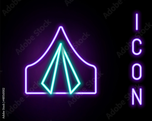 Glowing neon line Tourist tent icon isolated on black background. Camping symbol. Colorful outline concept. Vector