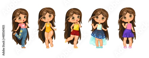 Cute little girl doll with long hair. Fun cartoon style. Set of characters in different clothes and poses. Object isolated on white background. Vector