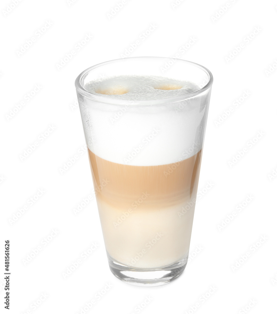 Glass of delicious latte macchiato on white background Glass of delicious latte macchiato on white background
