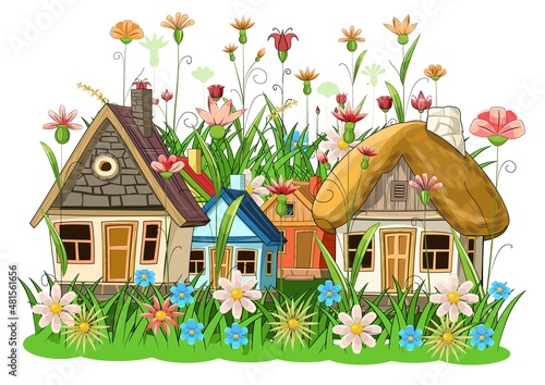 Street with old village little houses on flower meadow. Fabulous cartoon objects. Cute childish style. Ancient dwelling. Tiny small home. Isolated on white background. Vector