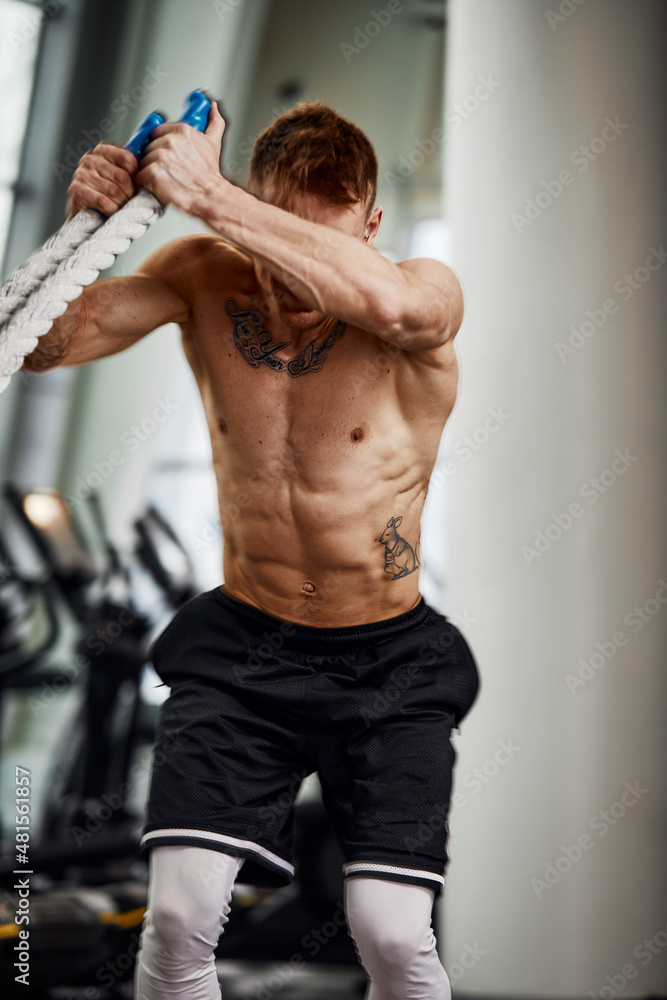 Rear view of Attractive young fit and toned sportswoman working out with battle ropes. Motion blur Rear view of Attractive young fit and toned sportswoman working out with battle ropes. Motion blur