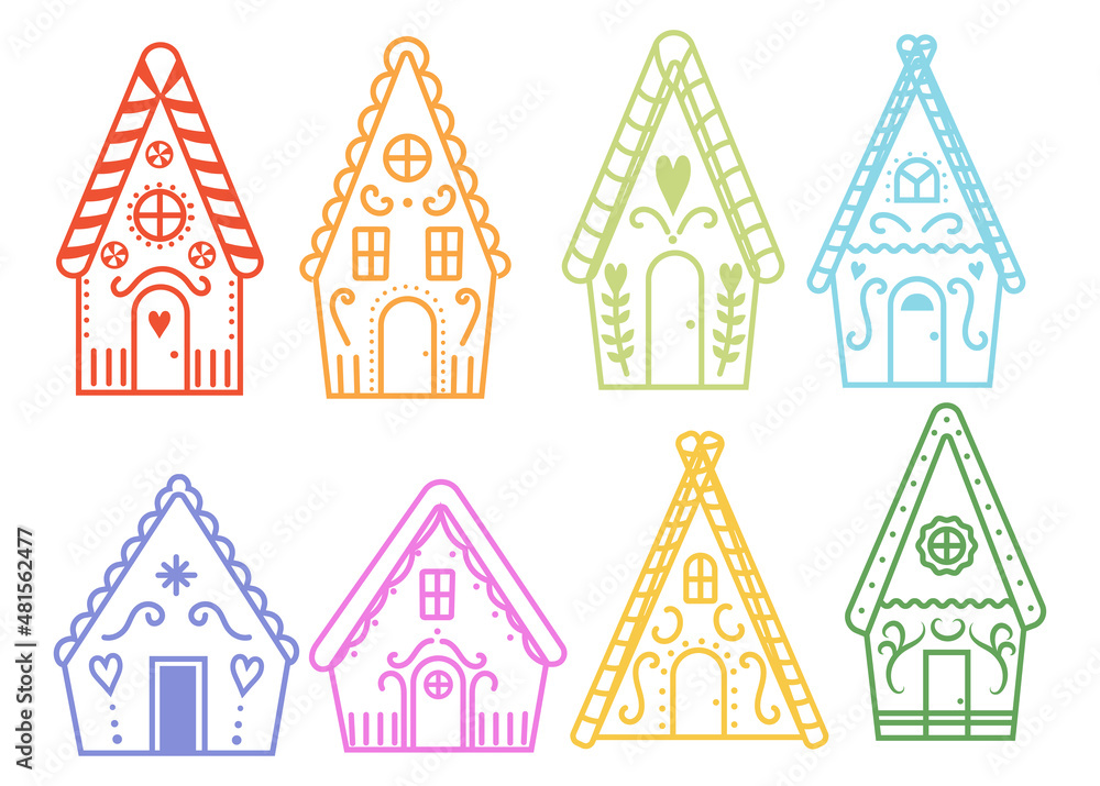 Set of festive gingerbread house. Collection of Christmas treats and sweets fairytale houses. Cute  house of Santa's. Colorful illustration of shaped home with decorations on a white background.