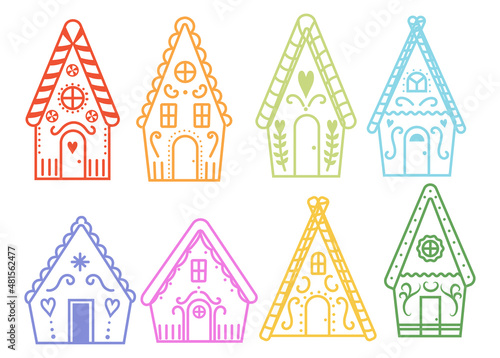 Set of festive gingerbread house. Collection of Christmas treats and sweets fairytale houses. Cute  house of Santa's. Colorful illustration of shaped home with decorations on a white background.