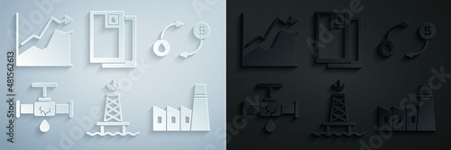 Set Oil rig with fire, exchange, Broken pipe leaking water, industrial factory building, Barrel oil and price increase icon. Vector