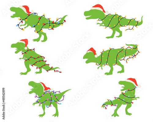 Christmas dinosaur set. Colorful illustration for children.