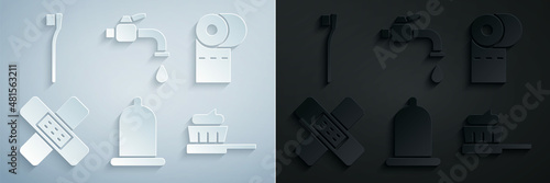 Canvas Set Condom, Toilet paper roll, Crossed bandage plaster, Toothbrush with toothpaste, Water tap and icon