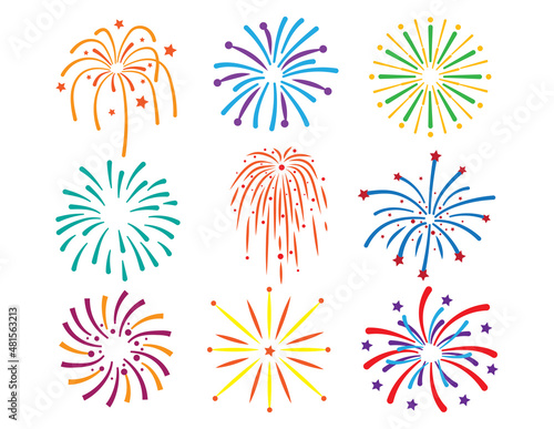 Set of festive fireworks. Collection of various festive fireworks explosions for celebration of victory, birthday, Christmas or independence day. Colorful illustration on a white background.