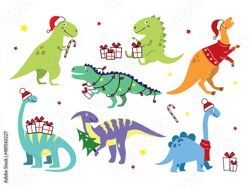 Christmas dinosaurs set. Collection of cute dinosaurs with gifts and Santa hats. Winter vacation. Colorful illustration for children.