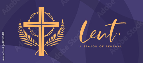 lent, a season of renewal text and gold lent cross crucifix, circle thorns and sunset and plam leaves sign on abstract purple background vector design