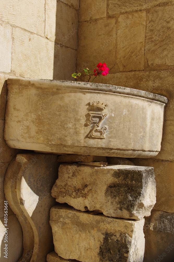 An ancient planter with a red geranium