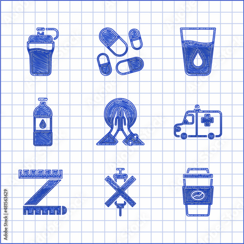 Set Meditation, No doping syringe, Coffee cup to go, Ambulance and emergency car, Tape measure, Bottle water, Glass with and Fitness shaker icon. Vector