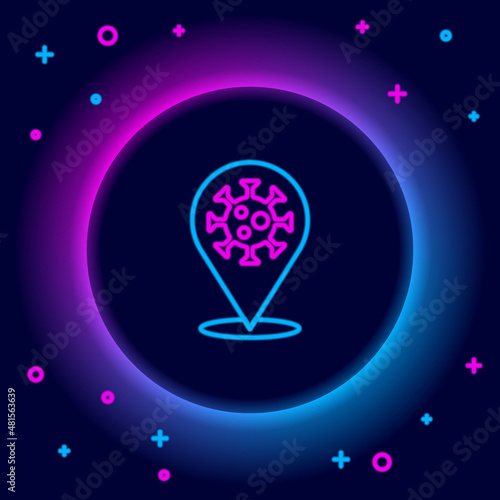 Glowing neon line Corona virus 2019-nCoV on location icon isolated on black background. Bacteria and germs, cell cancer, microbe, fungi. Colorful outline concept. Vector