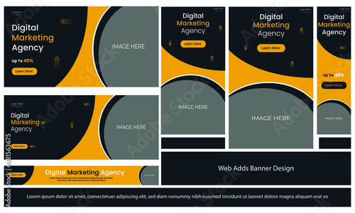  Yellow and black set of web banner of standard size with a place for photos Vertical horizontal and square template.