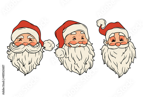 Set of Santa Claus face. Collection of portrait Santa with beard and Christmas hat. Holiday design. Happy New Year symbol. Vector illustration on white background.