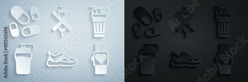 Set Sport sneakers, Fresh smoothie, Fitness shaker, Smart watch, No doping syringe and Vitamin pill icon. Vector