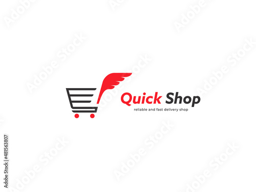 shopping cart trolley with wing logo icon, quick shop retail business logo