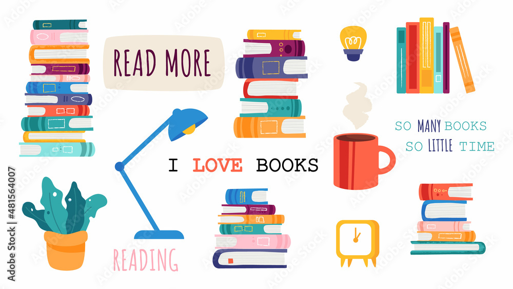 Book reading set. Design elements collection. Book pile,stack,plant, read phrases, love books,watch,bulb, idea,time,cup,lamp.Decorative cartoon elements Book reading set. Design elements collection. Book pile,stack,plant, read phrases, love books,watch,bulb, idea,time,cup,lamp.Decorative cartoon elements