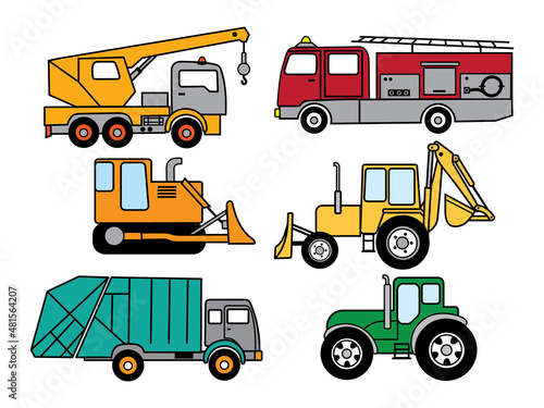 Set of cartoon transport. Collection of cute working cars. Colorful  illustration of tranportation for children. Toys. photo