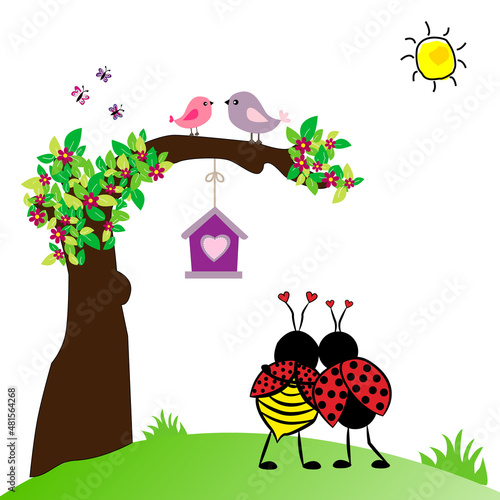 Árbol con flores y mariquitas.