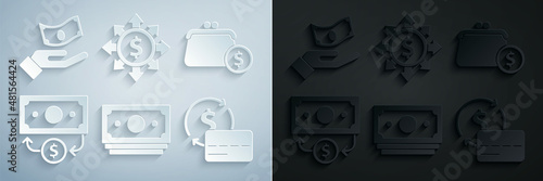Set Stacks paper money cash, Wallet with coins, Credit card, Dollar, share, network and Hand holding icon. Vector