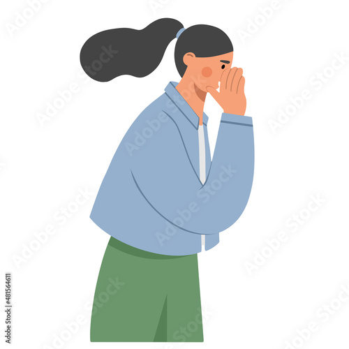 Young girl holding her hand near her mouth and telling a secret.  The concept of talking rumors or whispering. Flat vector illustration isolated on white background.
