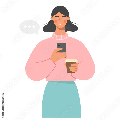 Young girl holding smartphone and a cup of coffee. The woman writes posts or reviews on social networks. Concept of online communication, chat or mobile app use. Flat vector illustration.