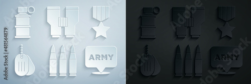 Set Bullet, Military reward medal, dog tag, army, Binoculars and Hand smoke grenade icon. Vector
