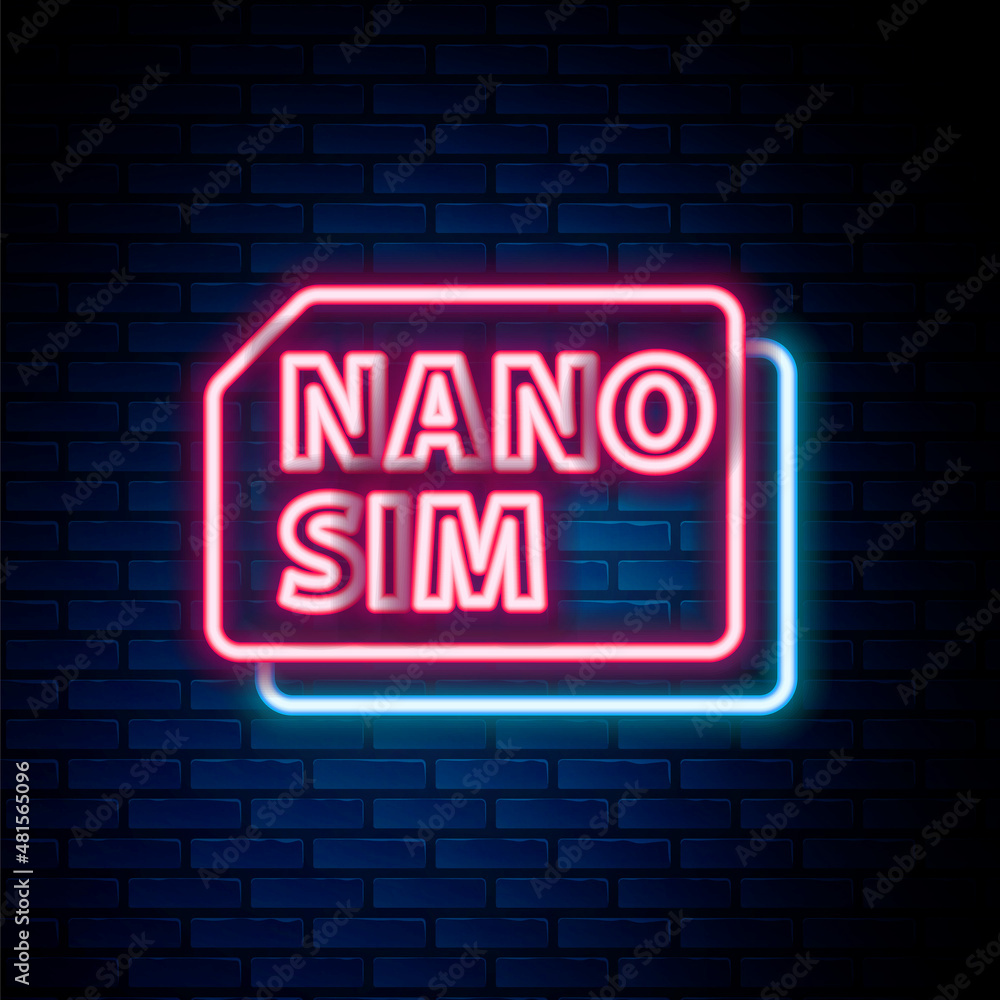 Glowing neon line Nano Sim Card icon isolated on brick wall background. Mobile and wireless communication technologies. Network chip electronic connection. Colorful outline concept. Vector Glowing neon line Nano Sim Card icon isolated on brick wall background. Mobile and wireless communication technologies. Network chip electronic connection. Colorful outline concept. Vector