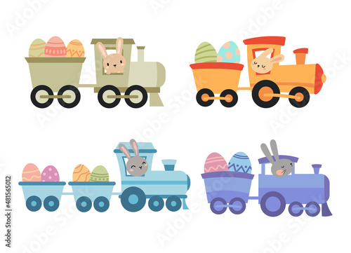 Set of cute hares on easter train. Collection of cartoon bunny faces on a train with easter eggs. Colorful illustration of holiday transport isolated on white white.  Drawing with children.