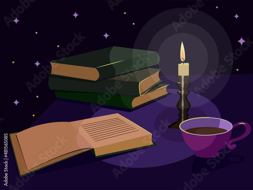 illustration Burning candle on the table next to an open book, a cup 