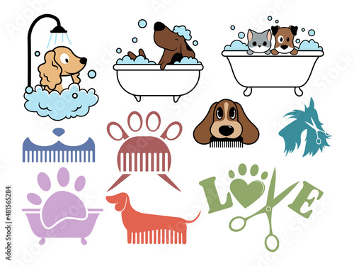 Set of pet grooming. Collection of design tools of salon for grooming pets. Logo of hair salon for animals. Colorful illustration of animal care.