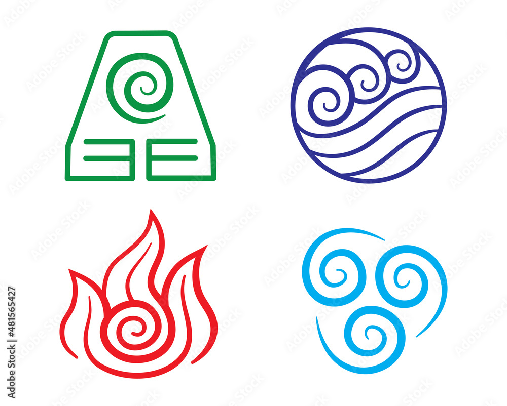 Set of Avatar symbol. Collection of anime signs of the elements of water,  earth, fire and air. Vector illustration of cartoon elements on a whirlpool  background. Design for clothes. Stock Vector |