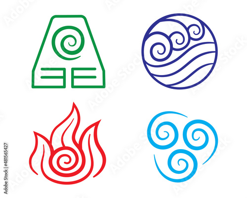Set of Avatar symbol. Collection of anime signs of the elements of water, earth, fire and air. Vector illustration of cartoon elements on a whirlpool background. Design for clothes.