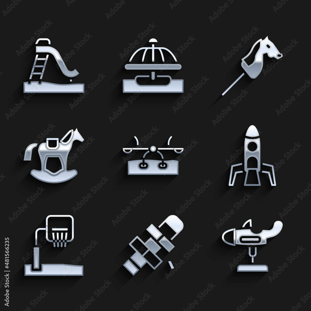 Set Seesaw, Hopscotch, Swing plane, Rocket ship, Basketball backboard, Horse saddle swing, Toy horse and Kid slide icon. Vector Set Seesaw, Hopscotch, Swing plane, Rocket ship, Basketball backboard, Horse saddle swing, Toy horse and Kid slide icon. Vector