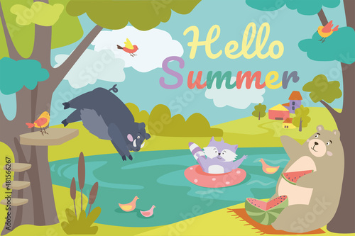 Hello summer concept background. Cute animals greeting summertime. Raccoon swims in lake, boar dives into water, bear eats watermelon sitting on shore. Vector illustration in flat cartoon design