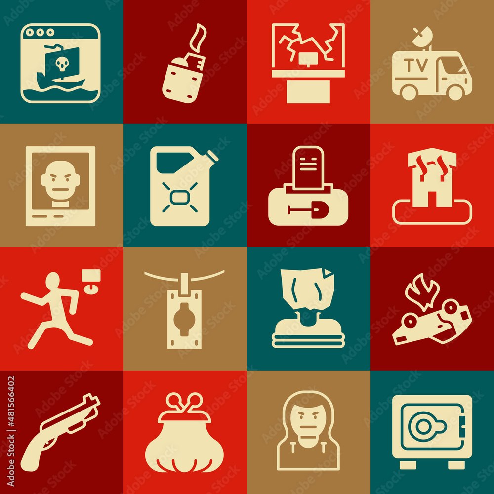Set Safe, Burning car, Arson home, Broken window, Canister fuel, Wanted poster, Internet piracy and Grave with tombstone icon. Vector Set Safe, Burning car, Arson home, Broken window, Canister fuel, Wanted poster, Internet piracy and Grave with tombstone icon. Vector