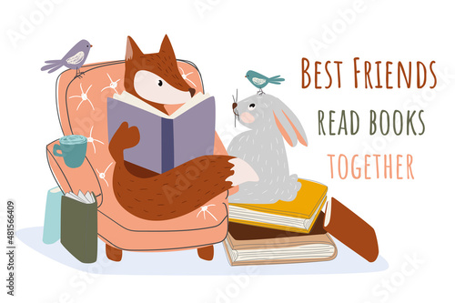Best friends read books together concept background. Fox reads sitting in chair, rabbit sits on stack of books. Cute animals loves literature and learning. Vector illustration in flat cartoon design