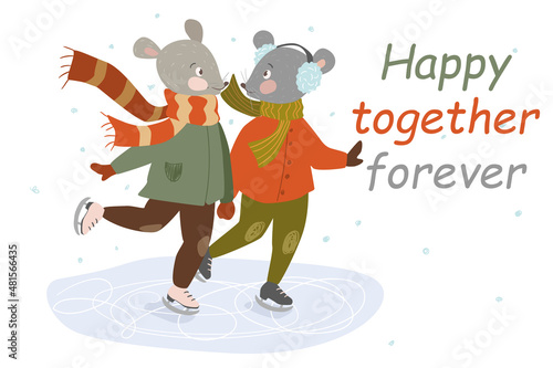 Happy together forever concept background. Cute couple of mice in warm clothes hold hands and skate on rink. Loving animals spend time in winter activities. Vector illustration in flat cartoon design