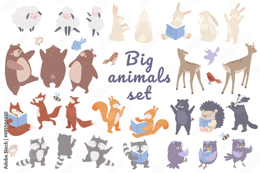 Big animals set concept isolated on background. Bundle of cute pets. Sheep, rabbits, bears, deer, foxes, squirrels, raccoons, owls, boar, hedgehog, badger. Vector illustration in flat cartoon design