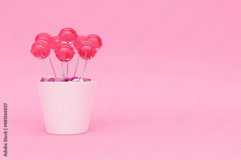 3D rendering set of pink lolipop in white ceramic pot on pink background 3D rendering set of pink lolipop in white ceramic pot on pink background