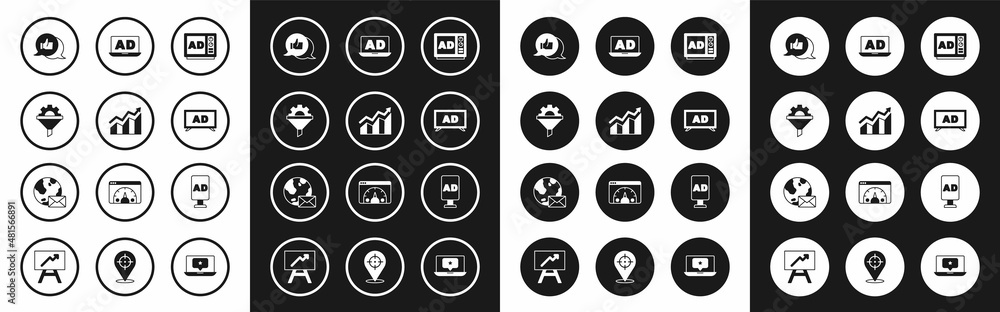Set Advertising, Financial growth increase, Sales funnel with gear, Customer product rating, and Earth globe mail icon. Vector