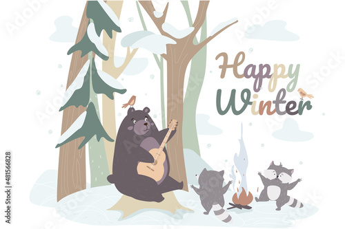 Happy winter concept background. Cute animals greeting wintertime. Bear playing guitar, funny raccoons dancing by fire at edge of forest. Snowy landscape. Vector illustration in flat cartoon design