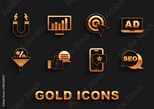 Set Customer product rating, Advertising, SEO optimization, Mobile with review, Lead management, Target, Magnet and Monitor graph chart icon. Vector